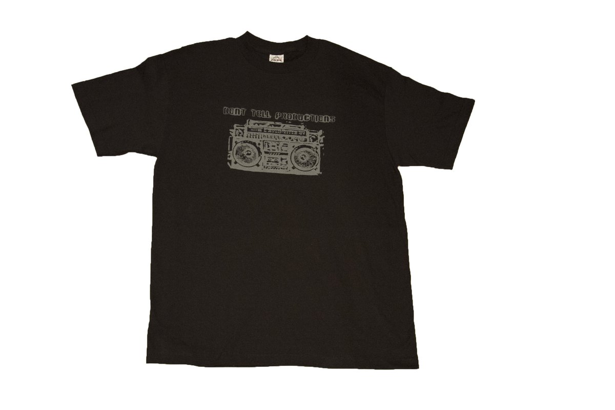 Don't Tell Productions Boombox Tee — Grey Print on Black